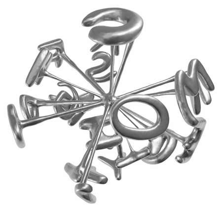 Letters alphabet metal tethered to center abstract, 3d illustration, horizontal, isolated, over whiteの写真素材