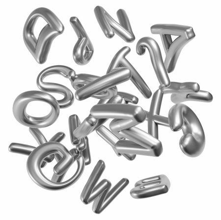 Letters alphabet metal bunch abstract, 3d illustration, horizontal, isolated, over whiteの写真素材
