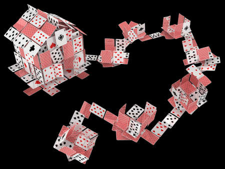 Cards house game gambling abstract broken path, 3d illustration, horizontal, over black, isolatedの写真素材