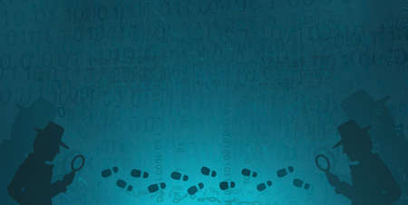 Cyberspace detective shadow figure footprints end, blue color, virtual reality abstract 3d illustration, horizontalの写真素材