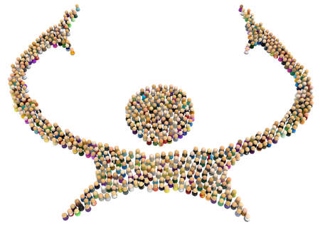 Crowd of small symbolic figures forming big person shape wide holding arms spread, 3d illustration, horizontal, isolated, over whiteの写真素材