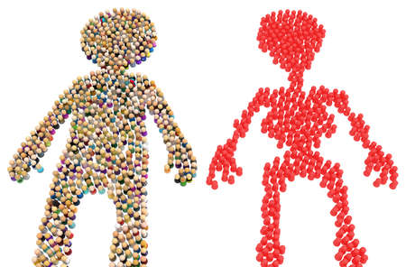 Crowd of small symbolic figures forming big person shape red skeleton, 3d illustration, horizontal, isolated, over whiteの写真素材