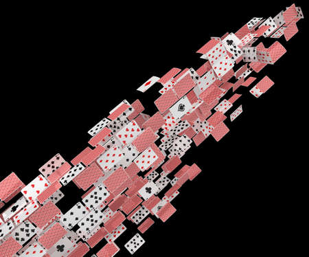 Cards diagonal flying game gambling abstract, 3d illustration, horizontal, over black, isolatedの写真素材