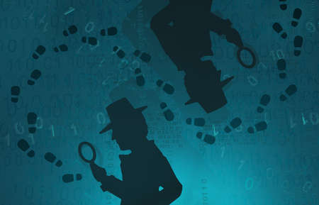 Cyberspace detective shadow figure footprints curve, blue color, virtual reality abstract 3d illustration, horizontalの写真素材