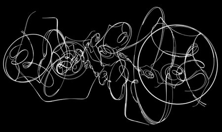 Ink white delicate rings abstract illustration, horizontal, isolated, over blackの写真素材