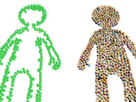Crowd of small symbolic figures forming big person shape green empty, 3d illustration, horizontal, isolated, over whiteの写真素材