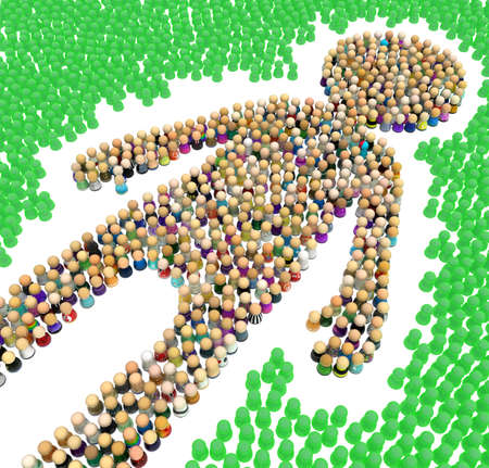 Crowd of small symbolic figures forming big person shape green surround, 3d illustration, horizontal, isolated, over whiteの写真素材