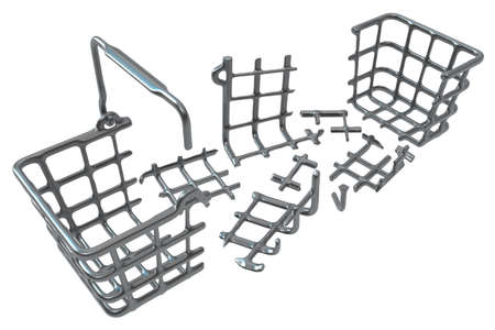 Shopping basket metal breaking parts split, 3d illustration, horizontal, isolated, over whiteの写真素材