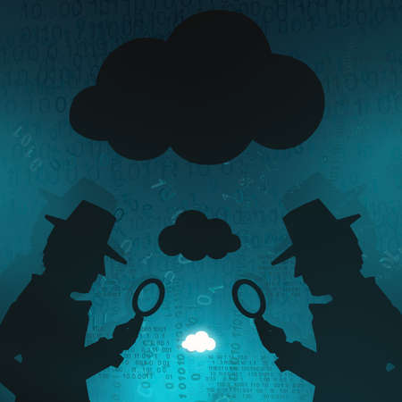 Cyberspace detective shadow figures cloud research, blue color, virtual reality abstract 3d illustration, horizontalの写真素材