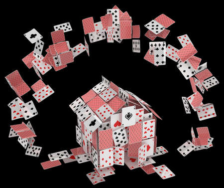 Cards house game gambling abstract flying above, 3d illustration, horizontal, over black, isolatedの写真素材