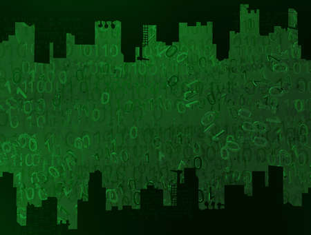 Skylines cityscape free space gap, cyberspace virtual reality abstract 3d illustration, horizontalの写真素材