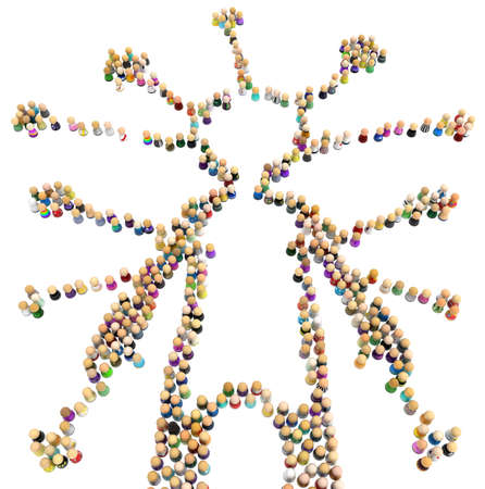 Crowd of small symbolic figures forming big person shape source focus groups, 3d illustration, horizontal, isolated, over whiteの写真素材
