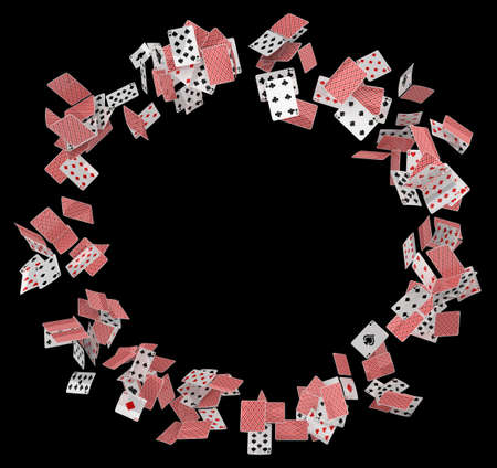 Cards ring flying game abstract, 3d illustration, horizontal, over black, isolatedの写真素材