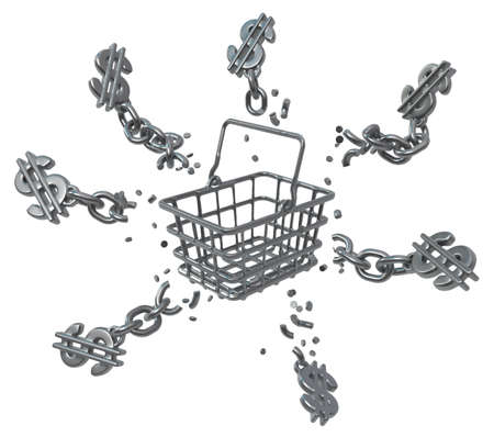 Shopping basket metal chains many attached breaking dollar sign, 3d illustration, horizontal, isolated, over whiteの写真素材