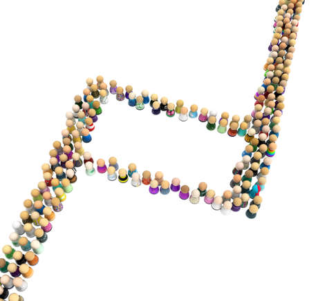 Crowd of small symbolic figures forming queue box shape, 3d illustration, horizontal, isolated, over whiteの写真素材