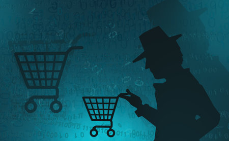 Cyberspace detective shadow figure shopping basket, blue color, virtual reality abstract 3d illustration, horizontalの写真素材