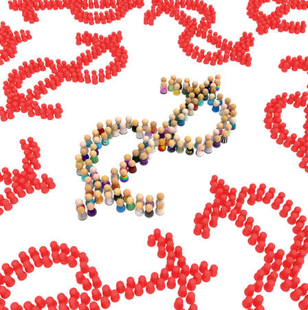Crowd of small symbolic figures forming dollar sign shapes red, 3d illustration, horizontal, isolated, over whiteの写真素材