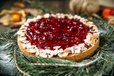 Appetizing sweet dessert cheese cake with berries jam, horizontal