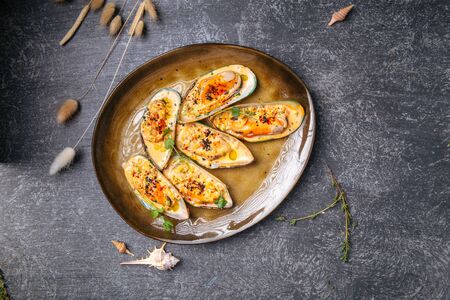 Top view dish with oysters. Gray dark background