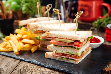 Closeup on tasty sandwiches with ham and vegetables, horizontalの写真素材