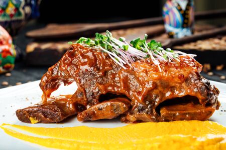 Closeup on gourmet stewed beef ribs with corn puree microgreen, horizontalの写真素材
