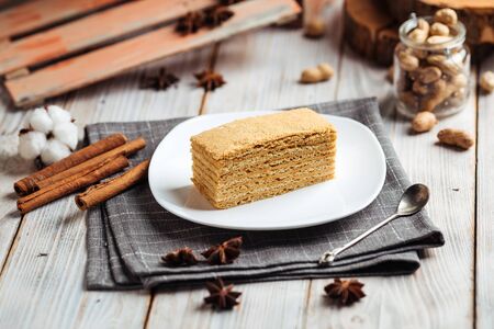 Sweet dessert slice of honey cake on a plate, horizontal