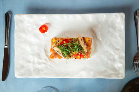 Top view on spanish salmon tartare on avocado pillow on a white plateの写真素材
