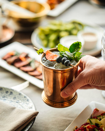 Refreshing champagne cocktail in a copper mug