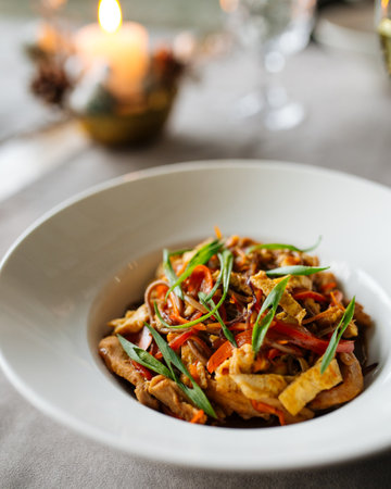 Soba noodles dish with chicken and vegetablesの写真素材