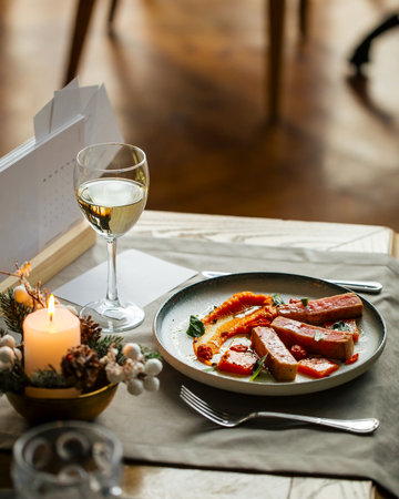 Gourmet roasted tuna with pumpkin puree on tableの写真素材