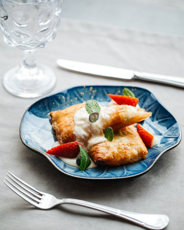 Sweet puff pastry pie with berries and sauce