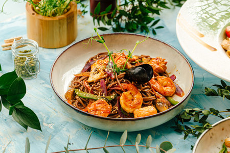 Closeup on gourmet seafood soba noodles on blueの写真素材