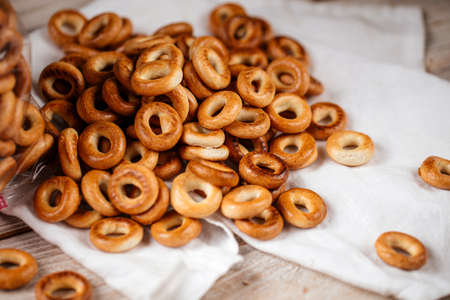 Russian bagel bread rings on the wooden backgroundの写真素材