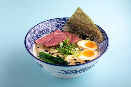 Tori paitan ramen soup with pastrami and eggs