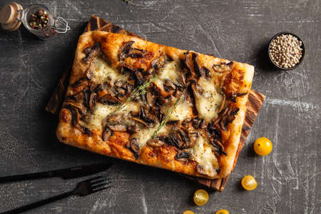 Italian bread focaccia with mushrooms and cheeseの写真素材