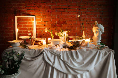 Side view on decorated table for a banquetの写真素材