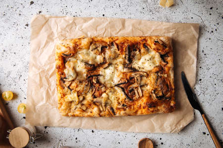 Italian bread focaccia with mushrooms and cheeseの写真素材