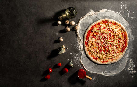 Semi finished pizza with cheese and tomato sauceの写真素材