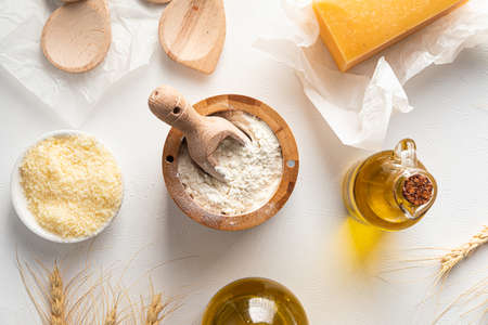 Top view on baking kitchen utencil and ingredients