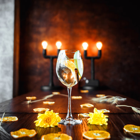 Elegant white wine cocktail on decorated backの写真素材