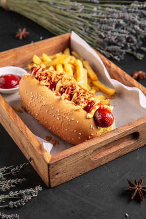 Appetizing hot dog with onion shavings and friesの写真素材