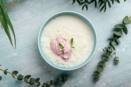 Bowl of fresh curd with mousseの写真素材