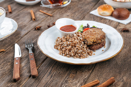 Russian cutlets with boiled buckwheat and sauceの写真素材