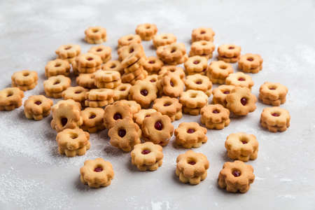 Fresh baked jam flower cookiesの写真素材