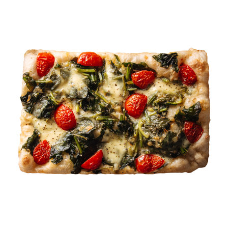 Isolated italian focaccia with tomato and spinachの写真素材