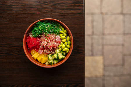 Hawaiian tuna poke bowl with vegetablesの写真素材