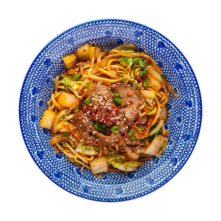 Isolated bowl of asian beef noodle wok dishの写真素材