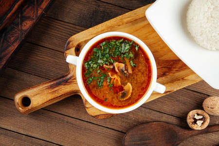 Portion of red mushroom soup