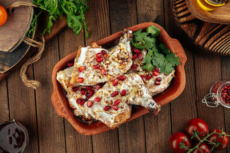 Georgian dish chkmeruli chicken with creamの写真素材