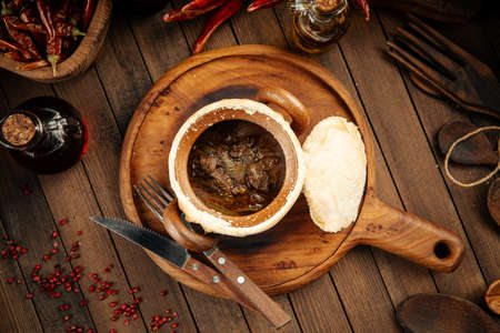 Georgian dish stewed meat chakondrili in a pot